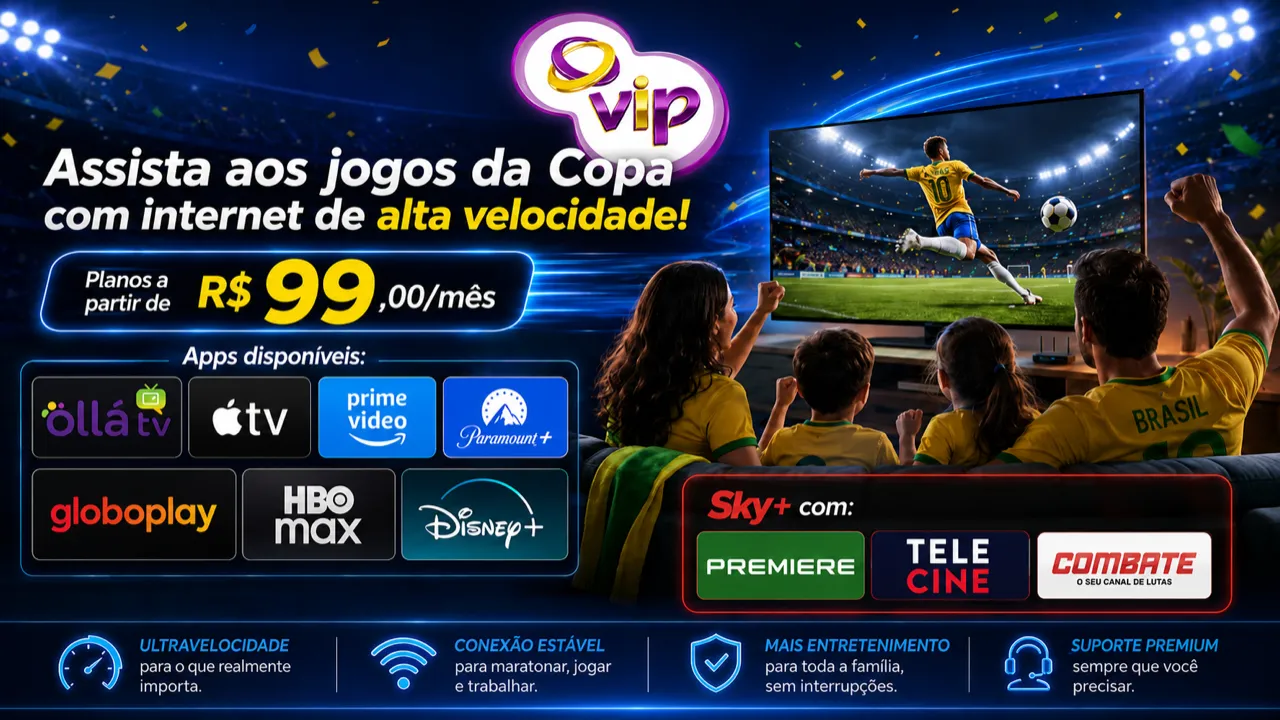Campanha VIP da Copa em tema azul: planos a partir de R$ 99,00/mês, apps disponíveis e Sky+ com Premiere, Telecine e Combate.